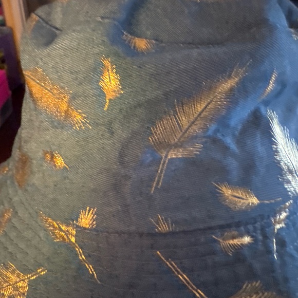 Accessories - Navy Bucket Hat with Metallic Gold Feather Print